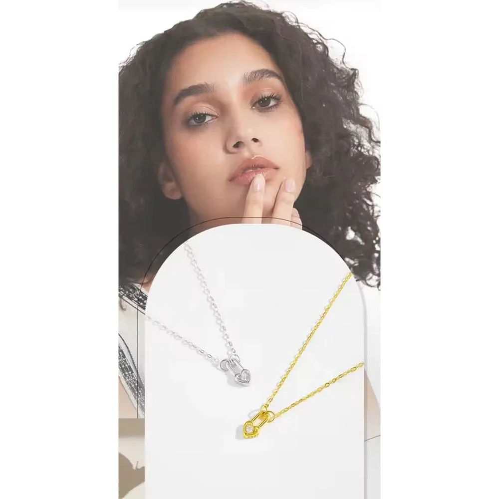 NEW White Gold Filled‎ Heart Lock Diamond Simulate Pendant Necklace